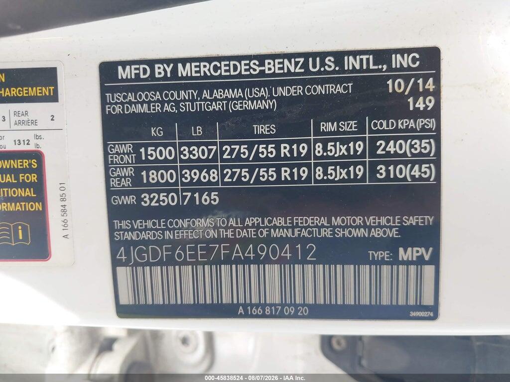 4JGDF6EE7FA490412 2015 MERCEDES-BENZ GL 450 photo no. 9