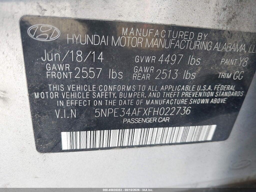 5NPE34AFXFH022736 2015 HYUNDAI SONATA photo no. 9