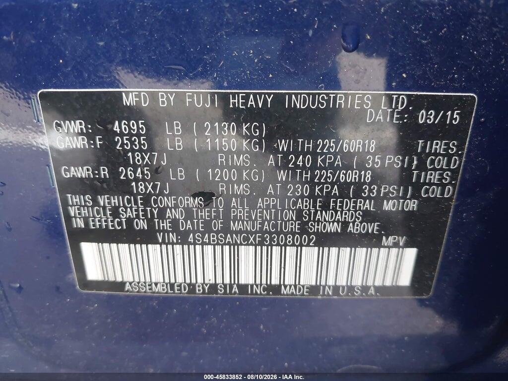 4S4BSANCXF3308002 2015 SUBARU OUTBACK photo no. 9