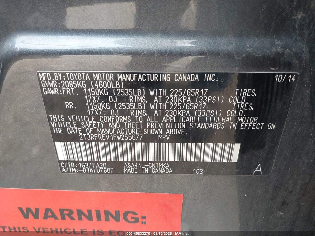 2T3RFREV1FW255677 2015 TOYOTA RAV4 photo no. 9