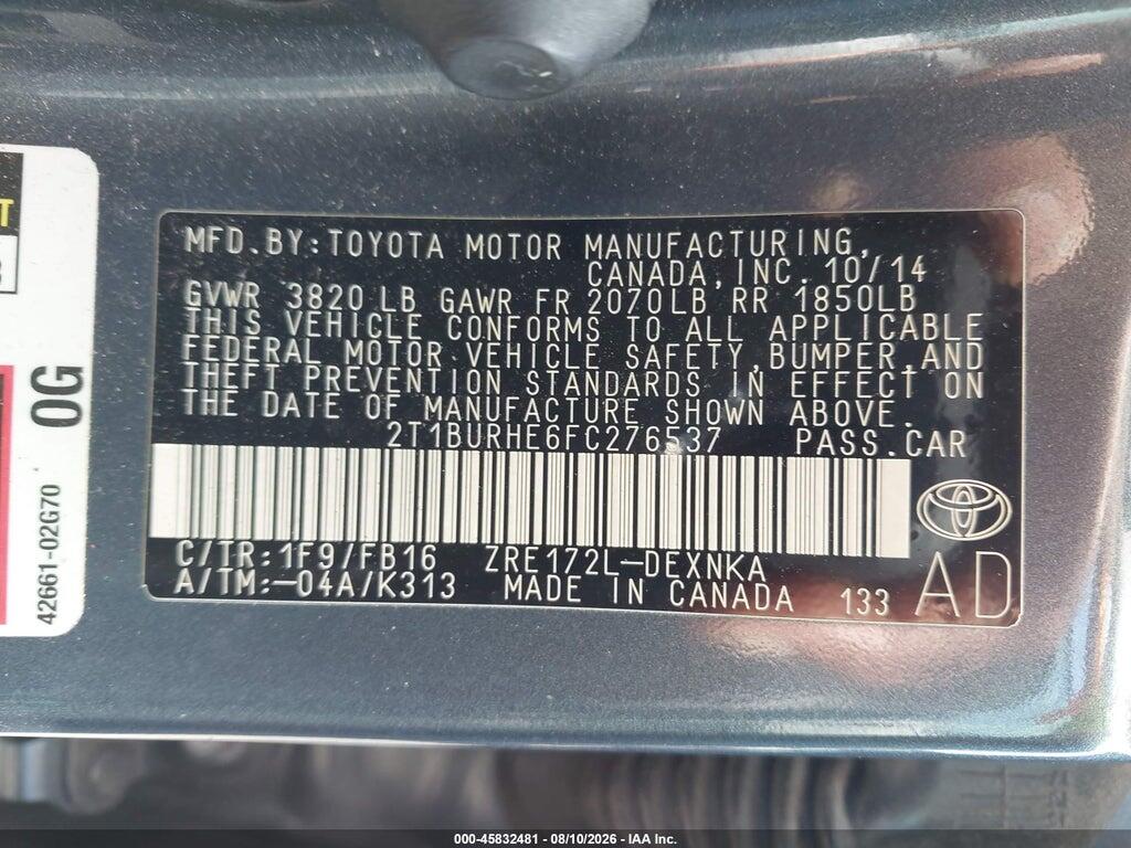 2T1BURHE6FC276537 2015 TOYOTA COROLLA photo no. 9