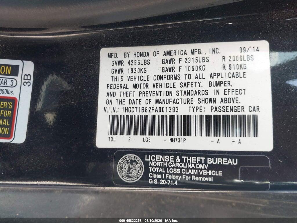 1HGCT1B82FA001393 2015 HONDA ACCORD photo no. 9