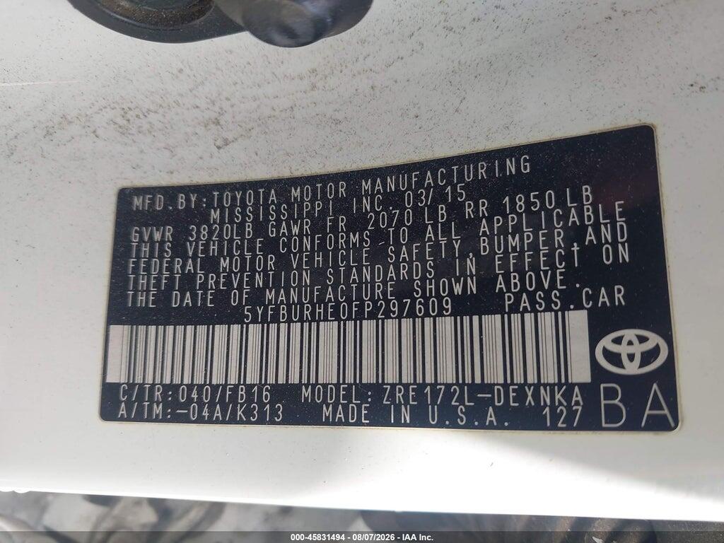 5YFBURHE0FP297609 2015 TOYOTA COROLLA photo no. 9