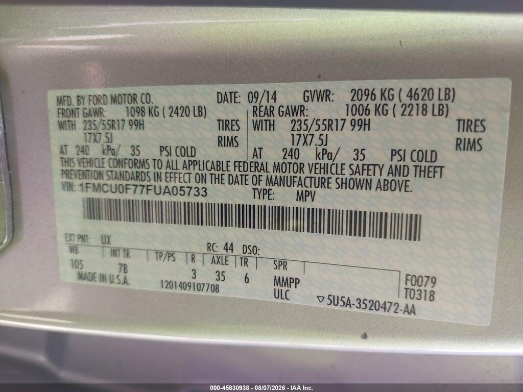 1FMCU0F77FUA05733 2015 FORD ESCAPE photo no. 9