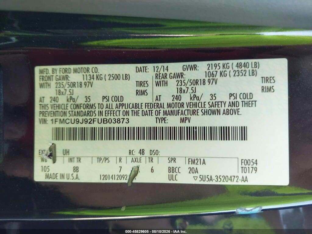 1FMCU9J92FUB03873 2015 FORD ESCAPE photo no. 9