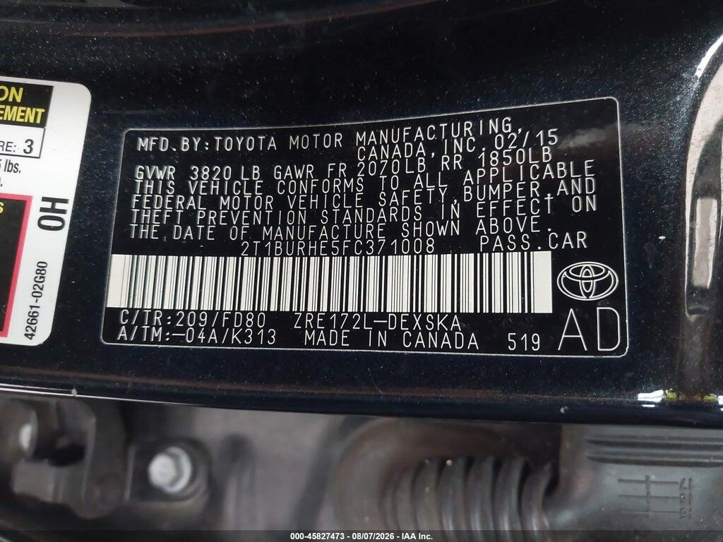 2T1BURHE5FC371008 2015 TOYOTA COROLLA photo no. 9