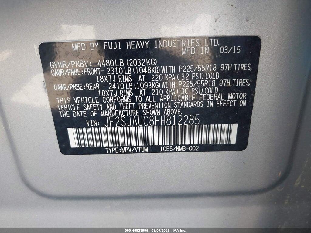 JF2SJAUC8FH812285 2015 SUBARU FORESTER photo no. 9