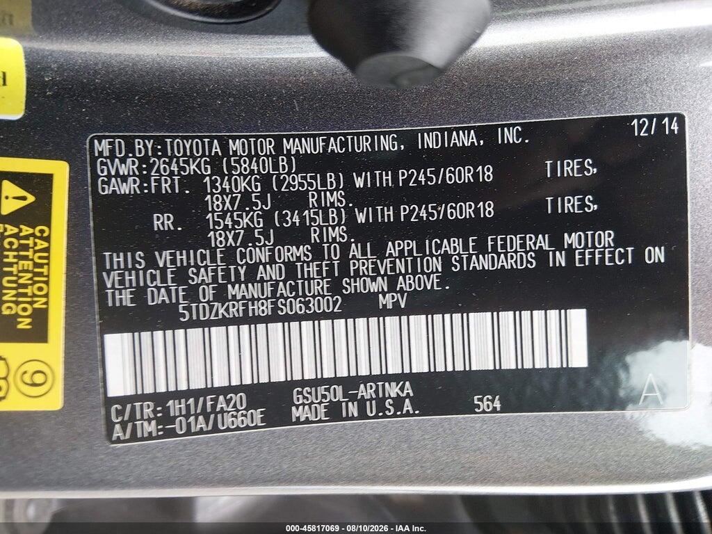 5TDZKRFH8FS063002 2015 TOYOTA HIGHLANDER photo no. 9