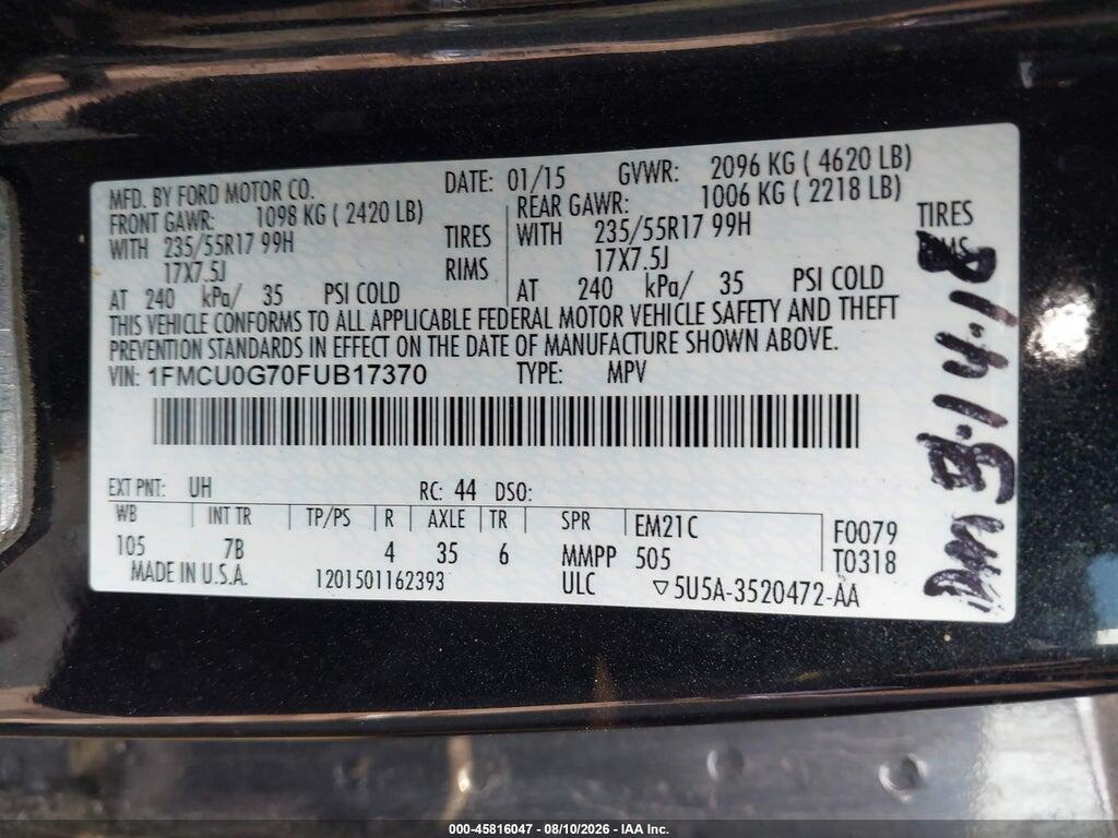 1FMCU0G70FUB17370 2015 FORD ESCAPE photo no. 9