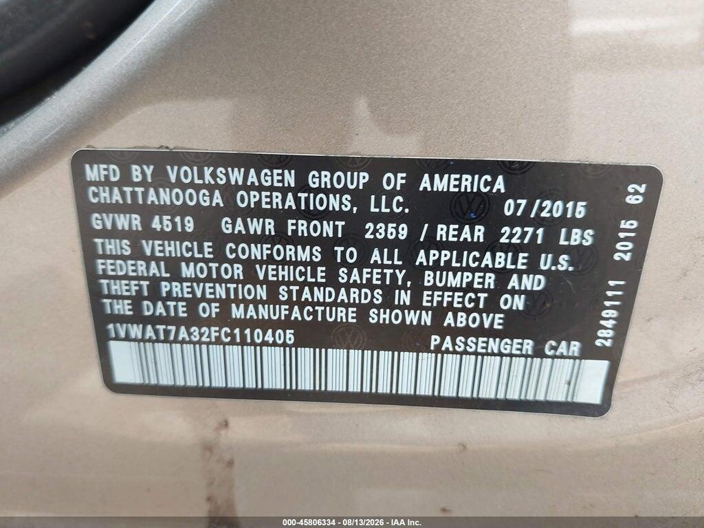 1VWAT7A32FC110405 2015 VOLKSWAGEN PASSAT photo no. 9