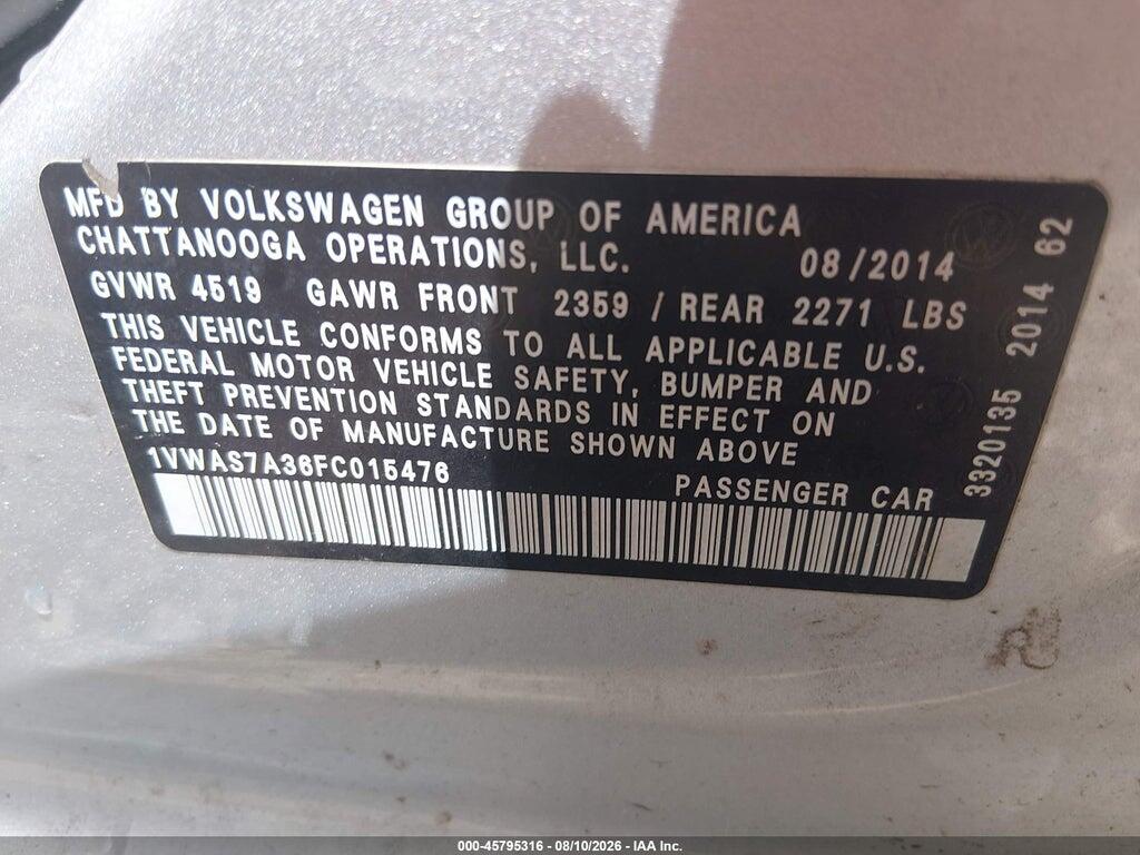1VWAS7A36FC015476 2015 VOLKSWAGEN PASSAT photo no. 9