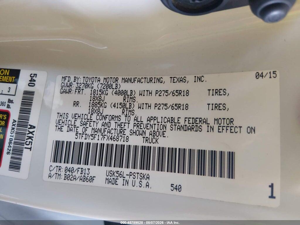 5TFDY5F17FX468718 2015 TOYOTA TUNDRA photo no. 9