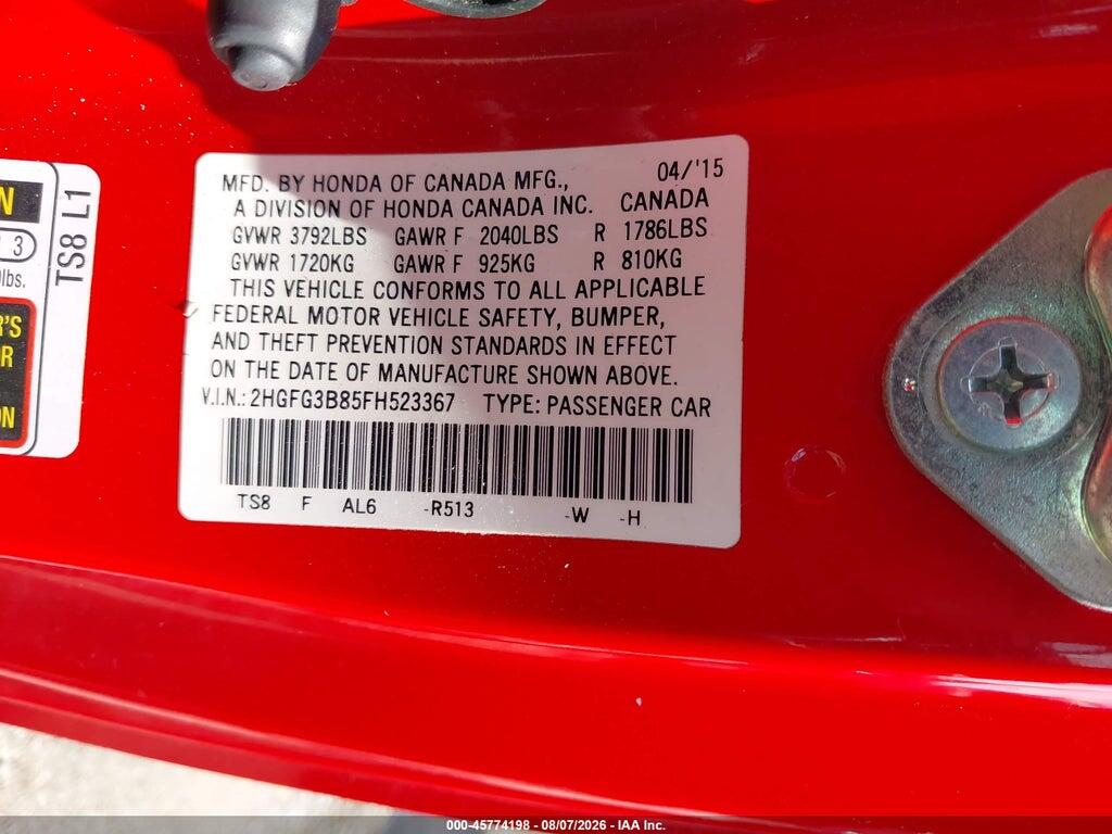 2HGFG3B85FH523367 2015 HONDA CIVIC photo no. 9
