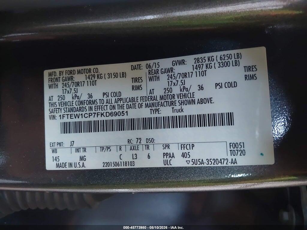 1FTEW1CP7FKD69051 2015 FORD F-150 photo no. 9