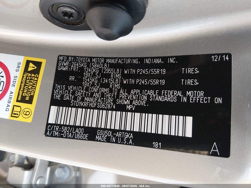 5TDYKRFH0FS062874 2015 TOYOTA HIGHLANDER photo no. 9