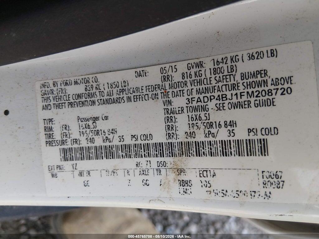 3FADP4BJ1FM208720 2015 FORD FIESTA photo no. 9