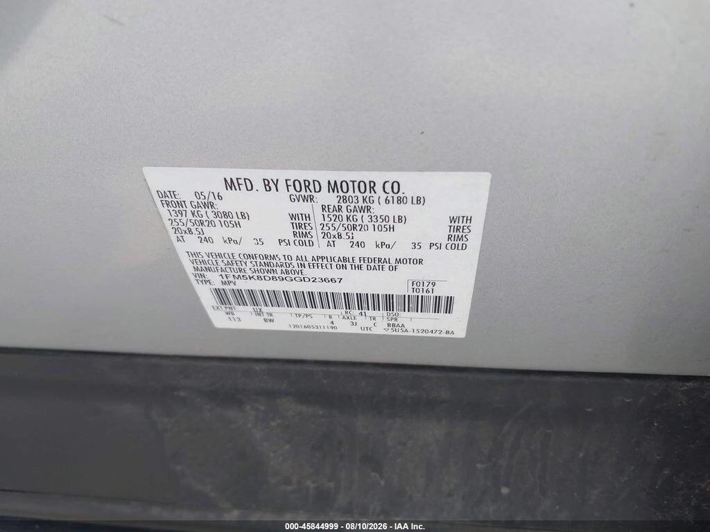 1FM5K8D89GGD23667 2016 FORD EXPLORER photo no. 9