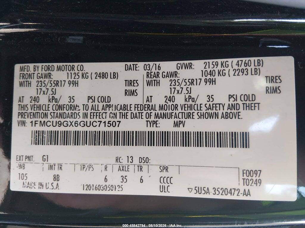1FMCU9GX6GUC71507 2016 FORD ESCAPE photo no. 9