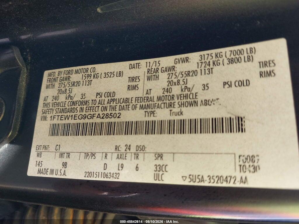 1FTEW1EG9GFA28502 2016 FORD F-150 photo no. 9