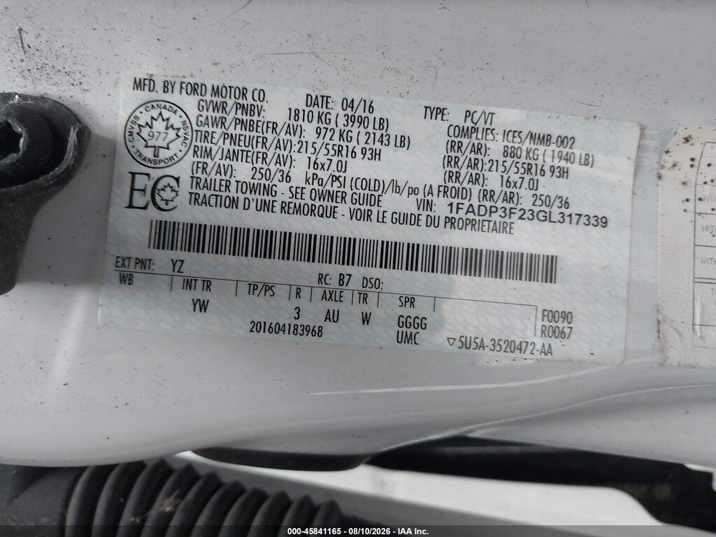 1FADP3F23GL317339 2016 FORD FOCUS photo no. 9