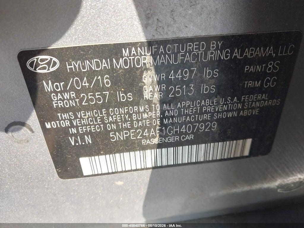 5NPE24AF1GH407929 2016 HYUNDAI SONATA photo no. 9