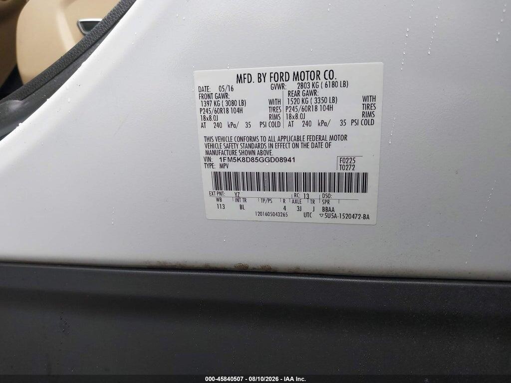 1FM5K8D85GGD08941 2016 FORD EXPLORER photo no. 9