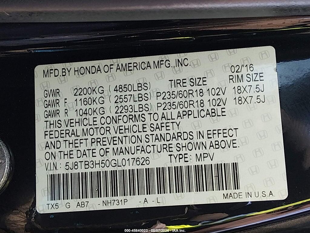 5J8TB3H50GL017626 2016 ACURA RDX photo no. 9