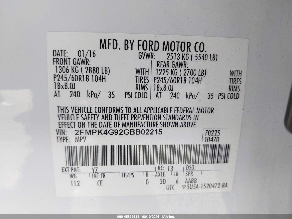 2FMPK4G92GBB02215 2016 FORD EDGE photo no. 9
