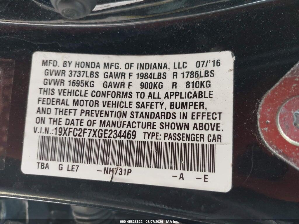 19XFC2F7XGE234469 2016 HONDA CIVIC photo no. 9