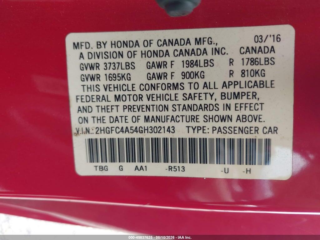 2HGFC4A54GH302143 2016 HONDA CIVIC photo no. 9