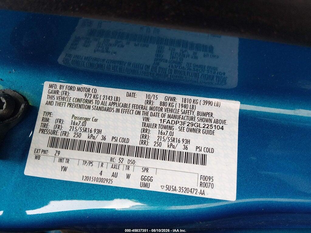 1FADP3F29GL225104 2016 FORD FOCUS photo no. 9