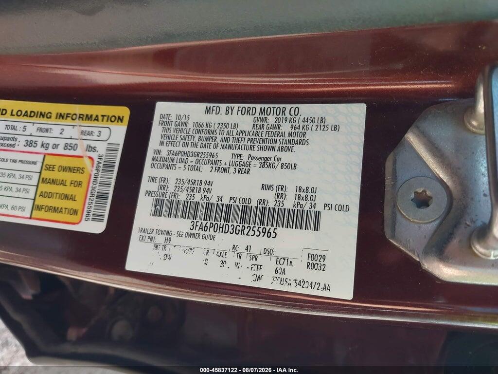 3FA6P0HD3GR255965 2016 FORD FUSION photo no. 9