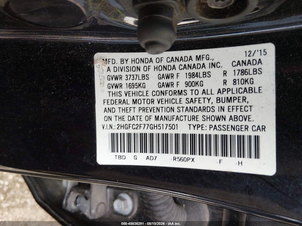2HGFC2F77GH517501 2016 HONDA CIVIC photo no. 9