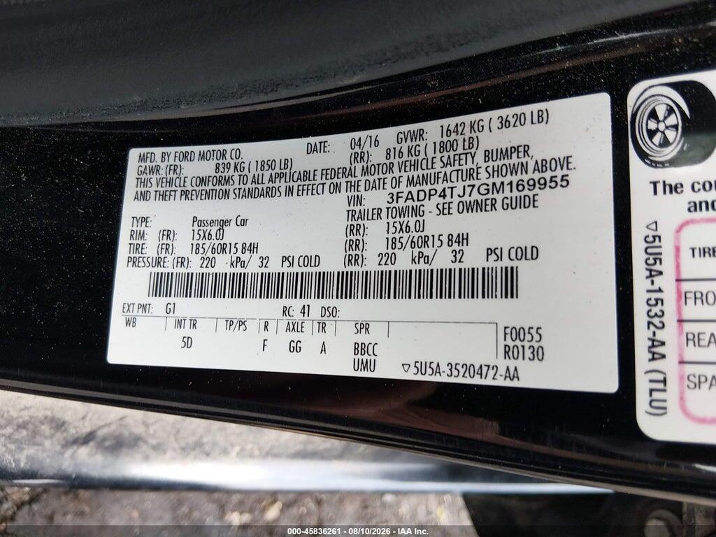 3FADP4TJ7GM169955 2016 FORD FIESTA photo no. 9