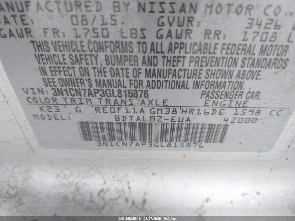 3N1CN7AP3GL815876 2016 NISSAN VERSA photo no. 9