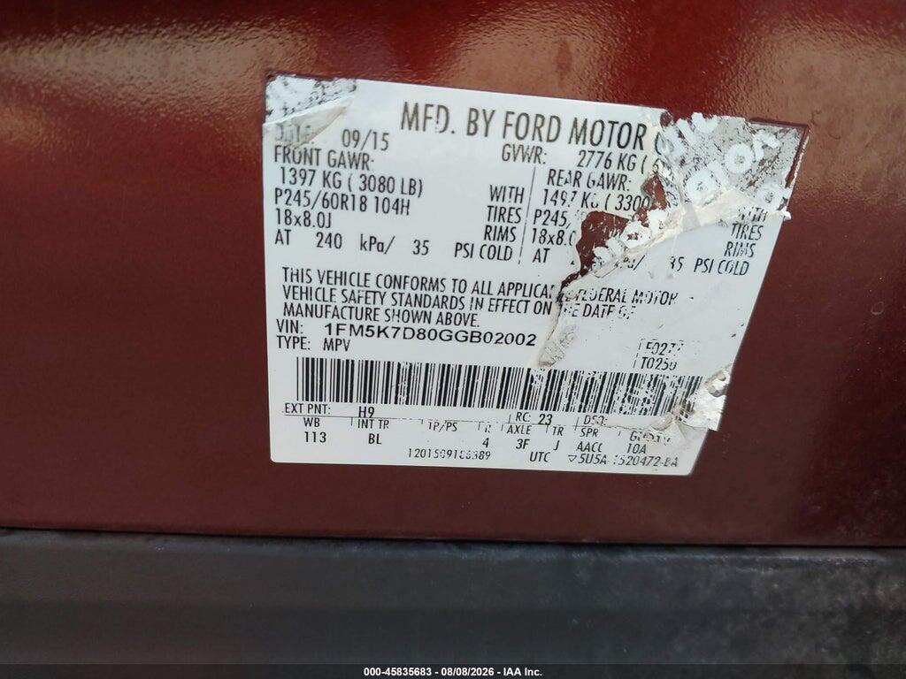 1FM5K7D80GGB02002 2016 FORD EXPLORER photo no. 9