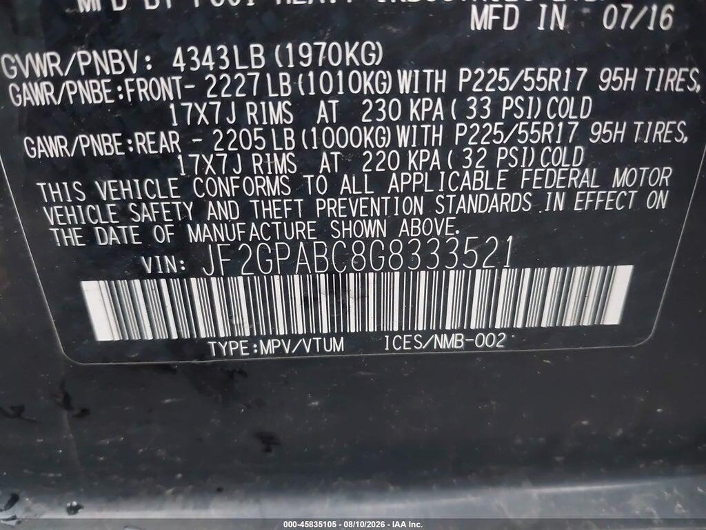 JF2GPABC8G8333521 2016 SUBARU CROSSTREK photo no. 9