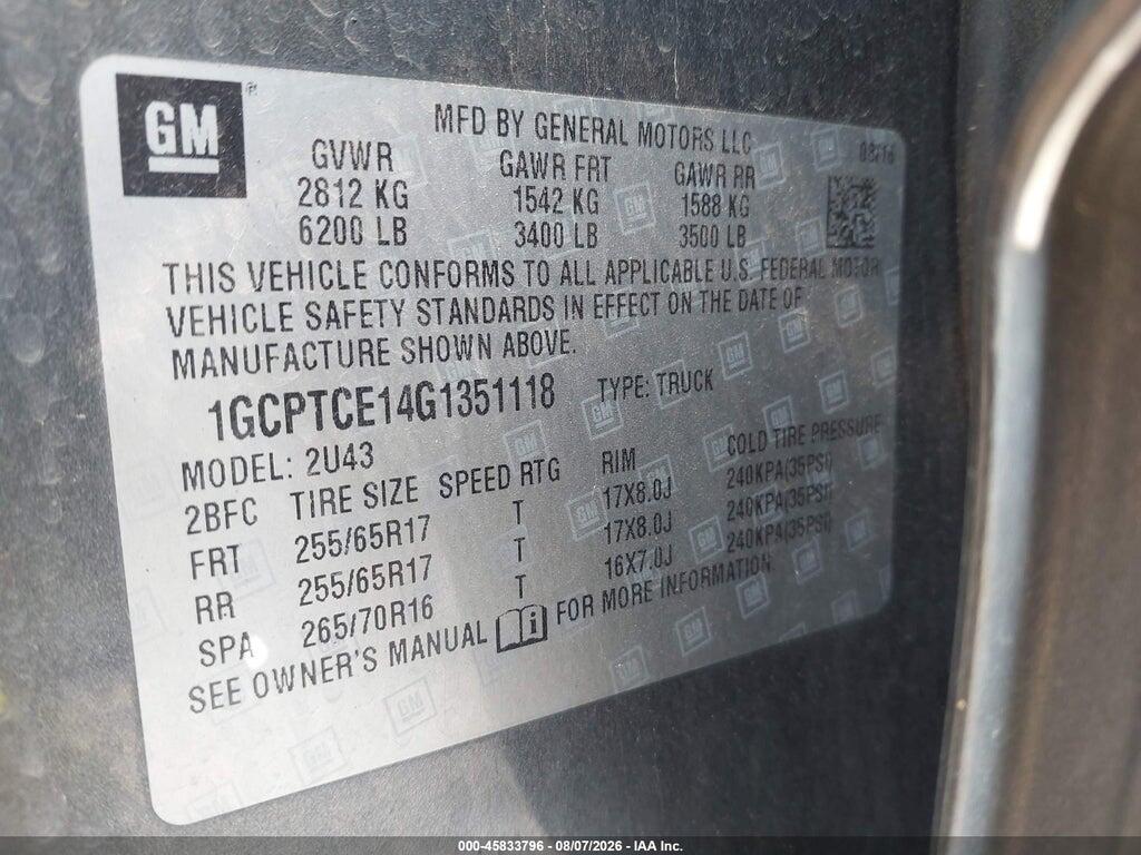 1GCPTCE14G1351118 2016 CHEVROLET COLORADO photo no. 9