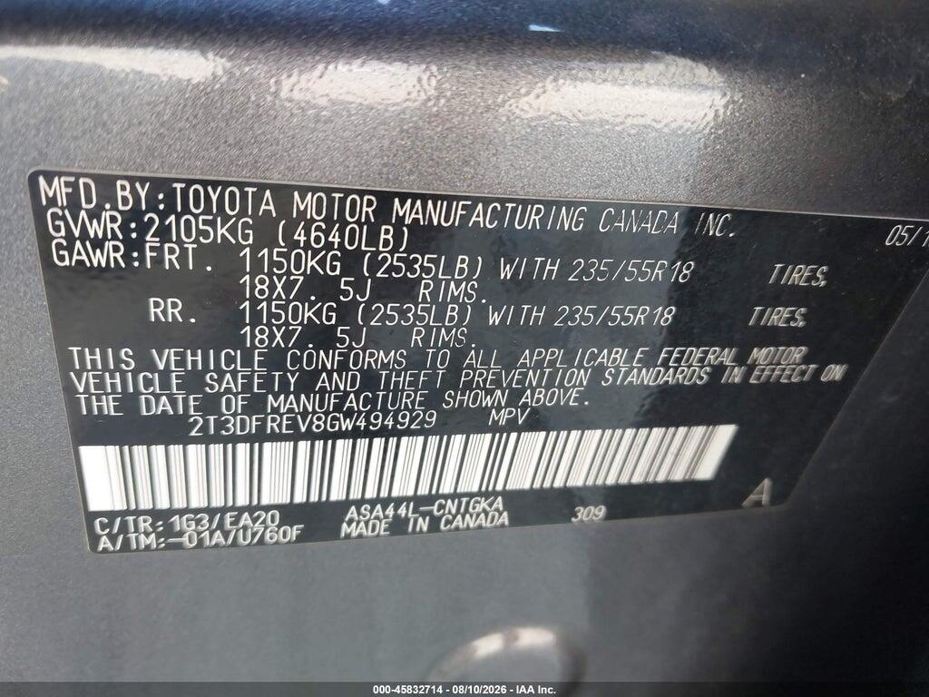 2T3DFREV8GW494929 2016 TOYOTA RAV4 photo no. 9