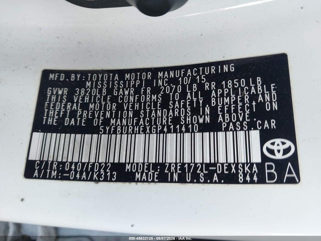 5YFBURHEXGP411410 2016 TOYOTA COROLLA photo no. 9