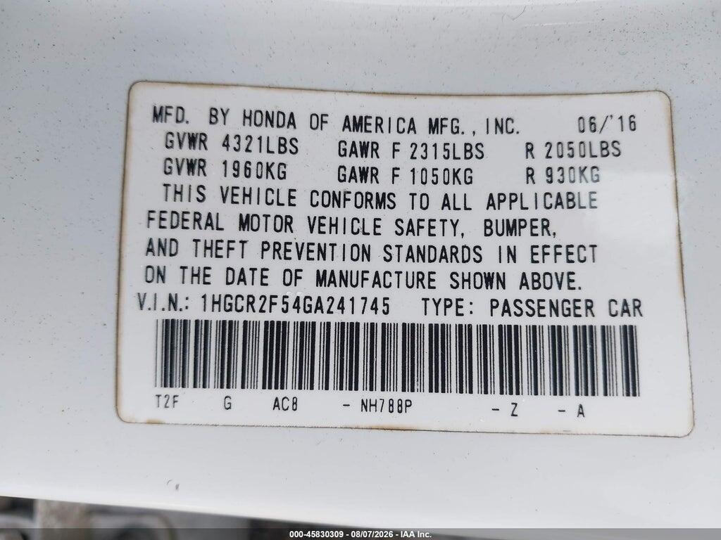 1HGCR2F54GA241745 2016 HONDA ACCORD photo no. 9