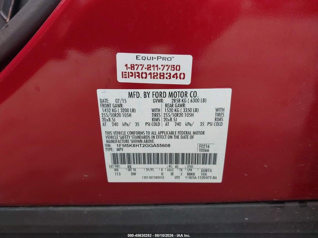 1FM5K8HT2GGA55608 2016 FORD EXPLORER photo no. 9