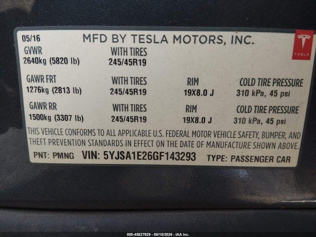 5YJSA1E26GF143293 2016 TESLA MODEL S photo no. 9