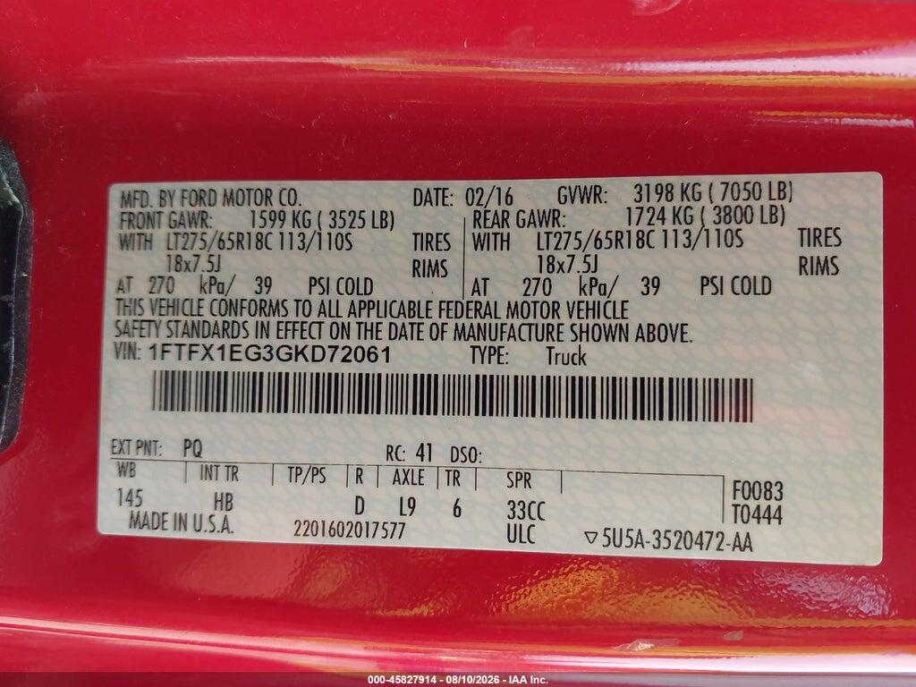 1FTFX1EG3GKD72061 2016 FORD F-150 photo no. 9
