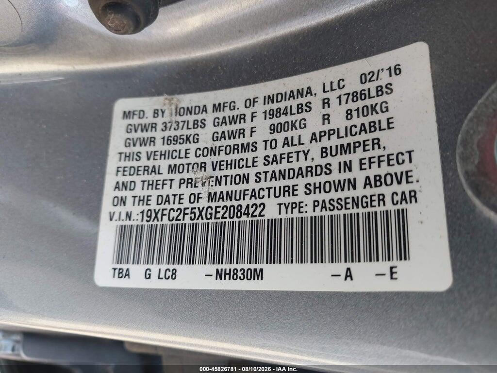 19XFC2F5XGE208422 2016 HONDA CIVIC photo no. 9