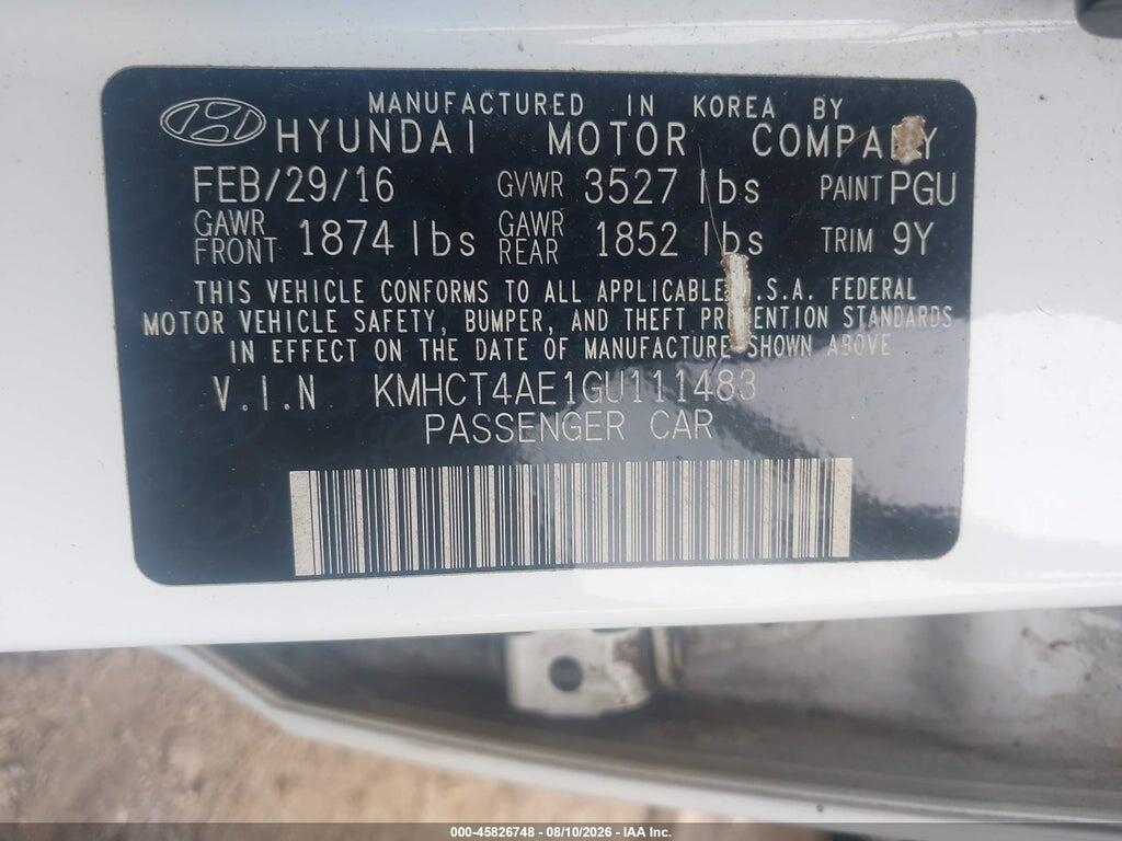KMHCT4AE1GU111483 2016 HYUNDAI ACCENT photo no. 9