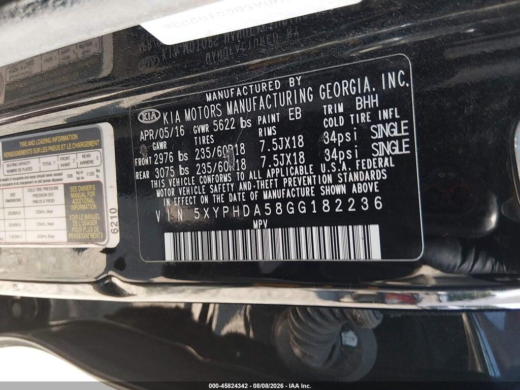 5XYPHDA58GG182236 2016 KIA SORENTO photo no. 9