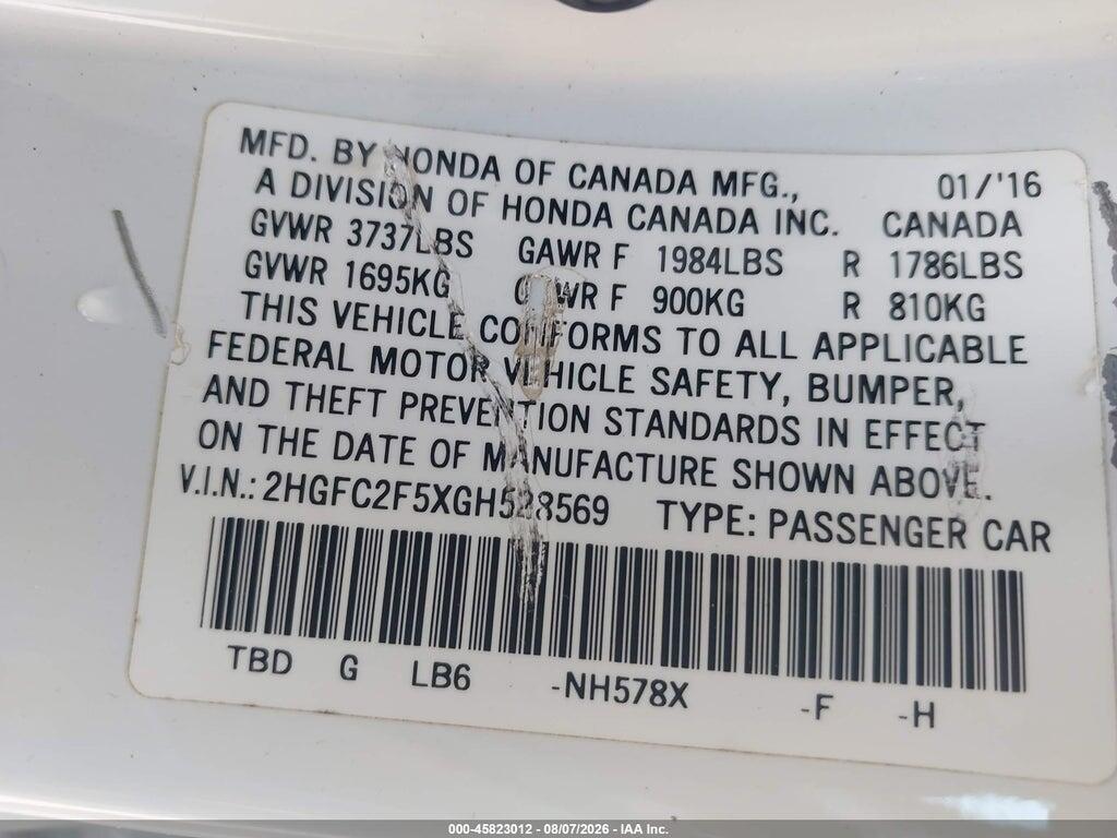 2HGFC2F5XGH528569 2016 HONDA CIVIC photo no. 9