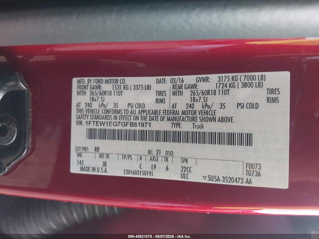 1FTEW1EG7GFB61971 2016 FORD F-150 photo no. 9