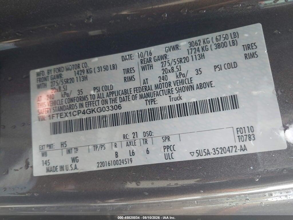 1FTEX1CP4GKG03306 2016 FORD F-150 photo no. 9